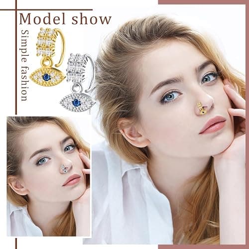 Misdary 10 Pcs 20g Dangle Nose Rings Hoops Dangling Nose Piercing Jewelry Evil Eye Star Moon Cross Cute Rings Cartilage Earring for Women thumbnail 3