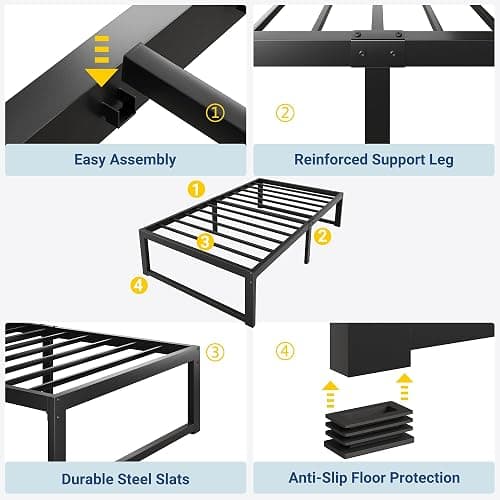 Allewie Twin Bed Frame, 14 Inch Metal Platform Bed Frame with 4000LBS Heavy Duty Steel Slats Support, Noise Free, Easy Assembly, No Box Spring Needed, Black thumbnail 8