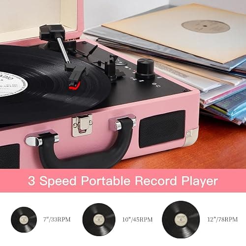 Jorlai Vinyl Record Player 3 Speed Turntable with Bluetooth, Built in Battery, Portable Suitcase, Built in Speakers, 3.5mm Headphone Jack Aux in/RCA Out Pink for Home Decoration Gift thumbnail 2