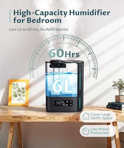 BREEZOME 6L Humidifiers for Bedroom Large Room & Essential Oil Diffuser, Ultrasonic Top Fill Cool Mist Humidifiers for Baby, Plants, Nursery Last up to 60 Hours, Smart Humidistat Control, Quiet, Black thumbnail 3