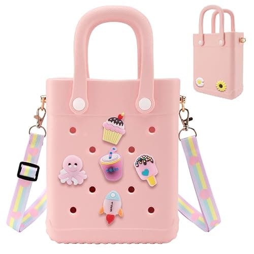 Mini Rubber Tote Bag, with 30Pcs Charms & 1Pcs Adjustable Shoulder Strap | X-Small EVA Beach Tote, Size: 8.07 × 6.7 × 3.15in, Long-Lasting and Not Easy to Fade, Fit for Little Girls and Women - Image 1