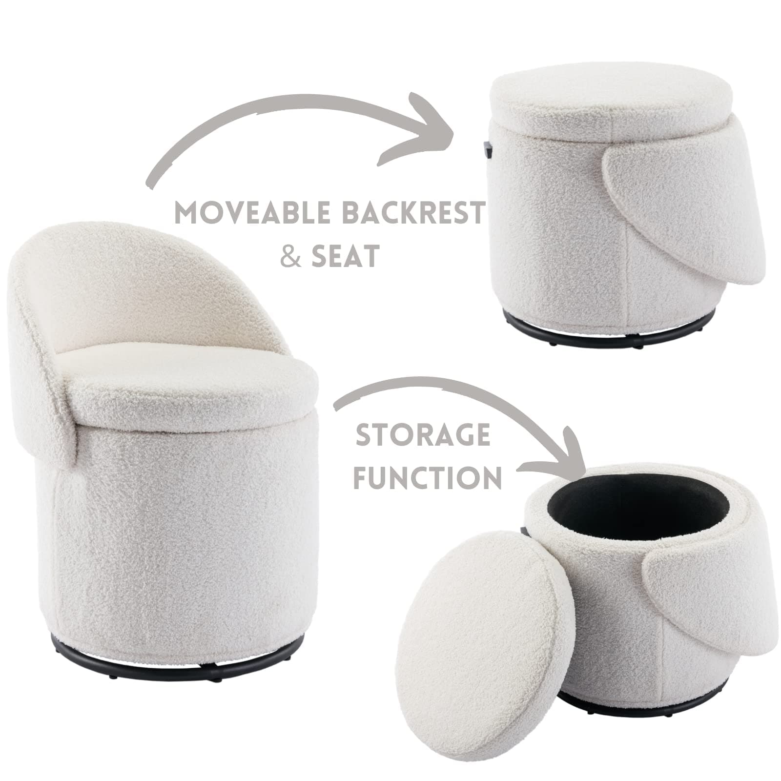 Swivel Vanity Ottoman Chair: Linen Upholstered Barrel Club 360°Degree Swivel Side Stool with Storage - Comfy Modern Makeup Stool- Bedroom Living Room - White thumbnail 4