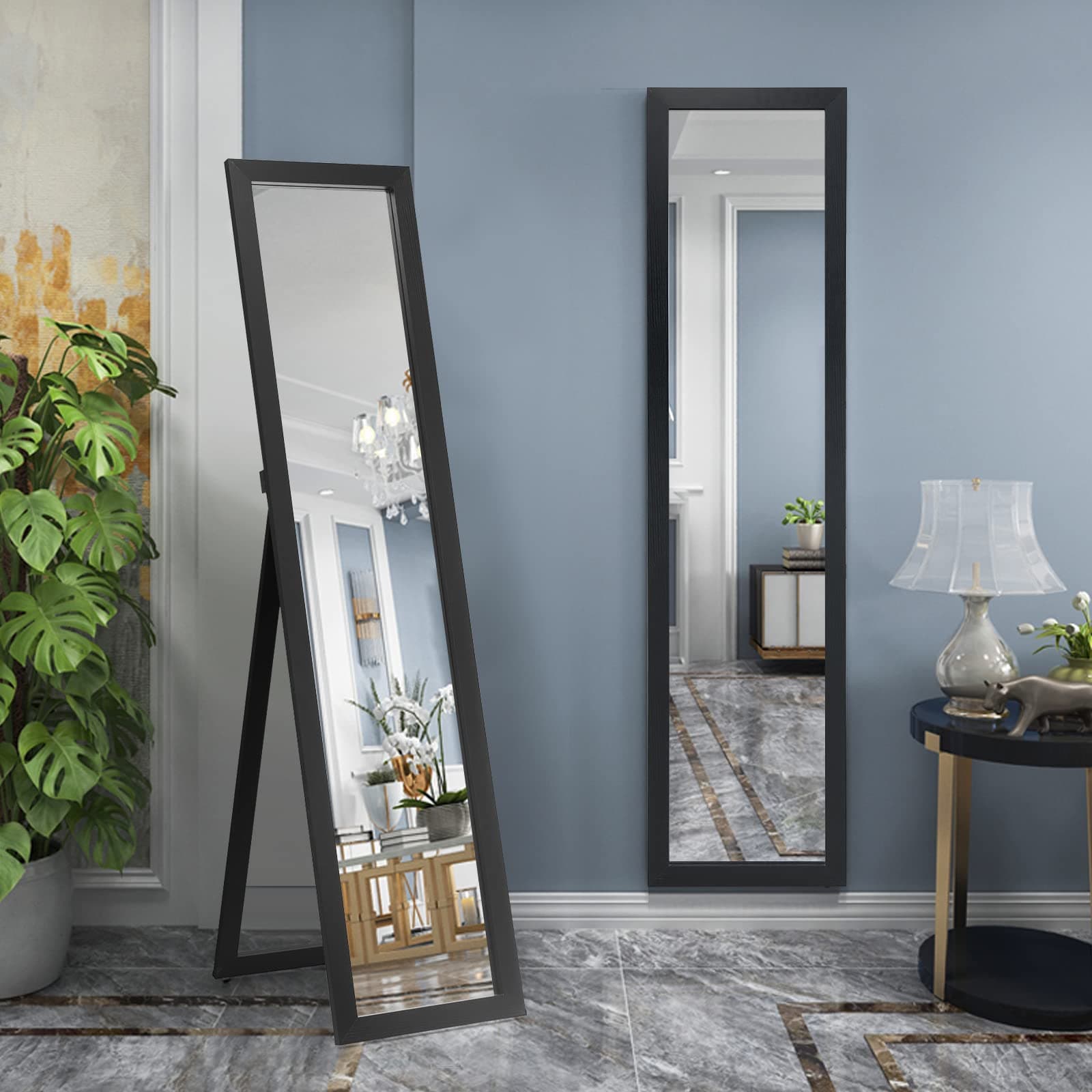 Giantex Full-Length Wood Mirror, Standing Mirror & Wall Mirror, Country House Style Cloakroom Mirror w/Wooden Frame, Free-Standing, for Bedroom, Living Room, Clothing Store (Black) thumbnail 6