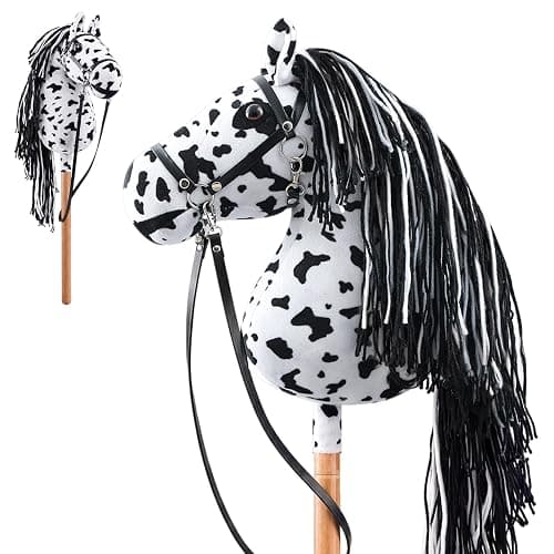 Teyva Daily Large Plush Hobby Horse for Kids & Adults, Stick Horse Toy with Removable Reins, Handmade Realistic Head, Long Mane, Equestrian Tournament Role Play (Ages 14+)(Black and White) - Image 1