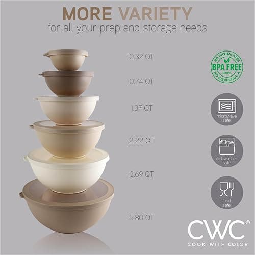 COOK WITH COLOR Mixing Bowls with TPR Lids - 12 Piece Plastic Nesting Bowls Set includes 6 Prep Bowls and 6 Lids, Microwave Safe (Brown) thumbnail 3