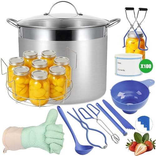 HOMKULA Stainless Steel Canning Pot with Rack and Lid, Large Water Bath Canner, Full Home Canning Supplies Starter Kit, Compatible with Induction and Glass Top Stoves (27.5 Quarts, Blue) - Image 1