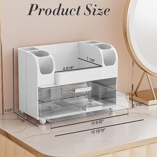 Delamu Makeup Organizer Countertop with 6 Brush Holder, Bathroom Countertop Organizer with 2 Large Drawers, Cosmetic Display Case for Vanity, Ideal Christmas Gifts for Women Girls, Light White thumbnail 3