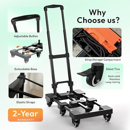 Voipvvii Folding Hand Truck 500lbs, Portable Heavy Duty Dolly Cart, 6 Wheels Collapsible Luggage Cart with 2 Elastic Ropes - Compact Trolley Cart for Easy Moving - Ideal Hand Cart for Travel and More thumbnail 3