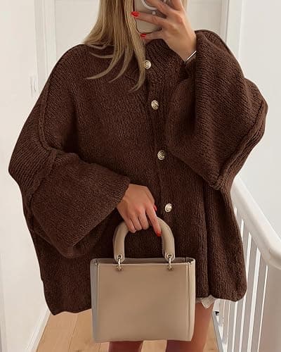 BTFBM Cardigan Sweaters for Women 2025 Fall Clothes Lantern Long Sleeve Button Open Front Chunky Knit Oversized Sweater thumbnail 3