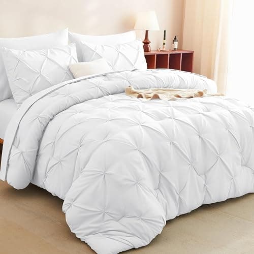 CozyLux Queen Comforter Set White, 7 Pieces Pintuck Bed in A Bag, Premium White Comforter Queen Size, Pinch Pleat Bedding Sets with Comforter, Sheets, Pillowcases & Shams - Image 1