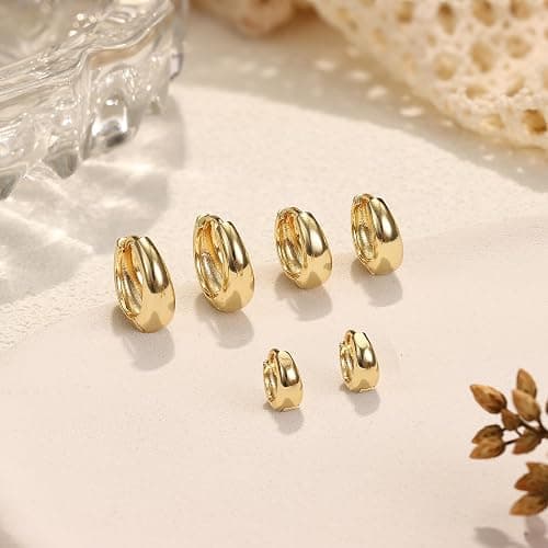 Chriscoco 3Pairs Gold Hoop Earrings for Women Chunky Gold Earrings Silver Hoops Earrings for Women 14K Gold Plated Hypoallergenic Small Huggie Hoop Earrings Set Lightweight Hoop Earrings (Gold/Sliver) thumbnail 7