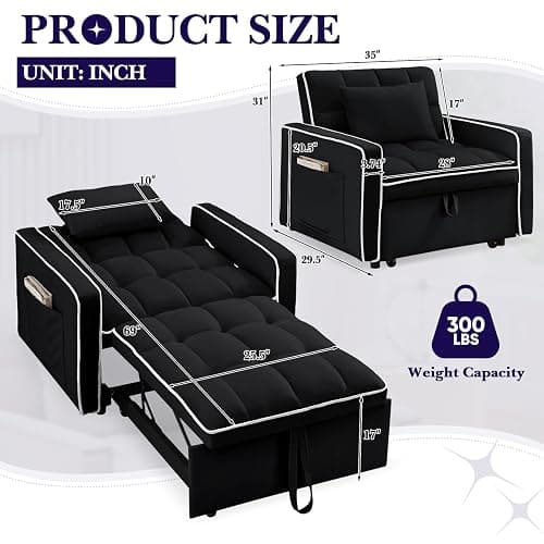 Convertible Sleeper Chair Bed, 3 in 1 Modern Velvet Pull Out Sofa Bed, Small Tufted Single Sleeper Chair with Adjustable Backrest/Pillow for Living Room, Small Spaces, Apartment, Office, Black thumbnail 2