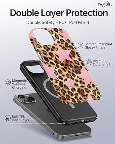 TAMUEL for iPhone 15 Case, Leopard Cheetah Print Phone Case, Compatible with Magsafe, Trendy Cute Cool Pink Star Magnetic Slim Silicone Shockproof Protective Women Girl Cover thumbnail 2