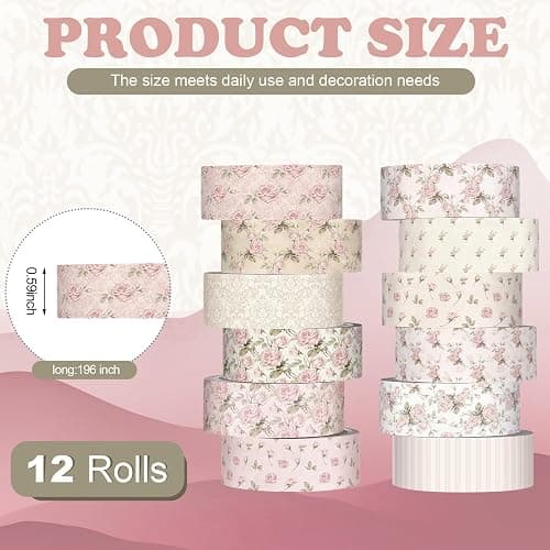 YooNotee 12 Rolls Watercolor Floral Washi Tape Set 15 mm Vintage Dusty Pink Decorative Masking Tape for Arts DIY Craft Scrapbook Envelope Party Supplies Gift Wrapping thumbnail 2