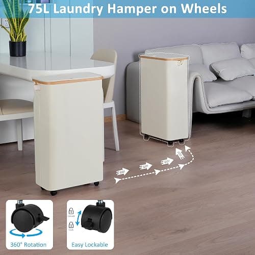 efluky Slim Laundry Hamper with Wheels, Narrow Laundry Basket with Lid and Removable Bag, Aesthetic Dirty Clothes Hamper on Wheels for Laundry Room, Bedroom, Dorm and Bathroom, 75L Beige thumbnail 4