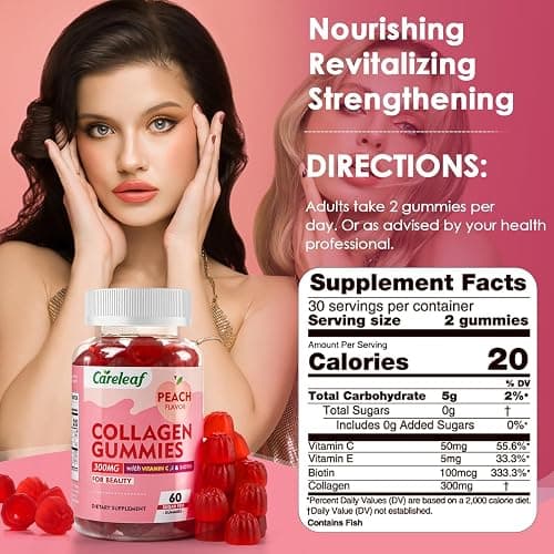 careleaf Sugar Free Collagen Gummies with Vitamin C Vitamin E Support Natural Collagen Production, Healthy Hair, Nails and Bones,Peach Flavor,60 Gummies for 30 Days Supply thumbnail 3