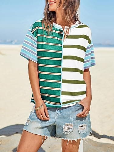Tankaneo Womens Summer Striped Shirts Casual Color Block Short Sleeve Tops Loose Fit Crew Neck Tees thumbnail 2