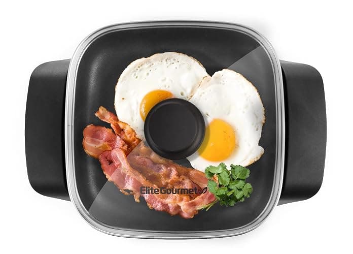 Elite Gourmet EG808 8” x 8" Non-stick Electric Skillet, Dishwasher Safe with Tempered Glass Vented Lid, Rapid Heat Up, 600W, Black - Image 1