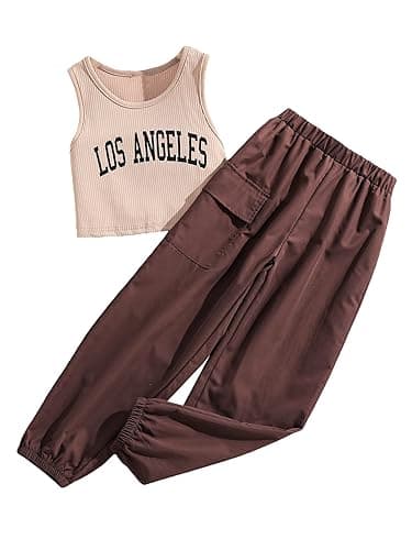 Floerns Girls 2 Piece Outfit Letter Print Rib Knit Crop Tank Top and Cargo Pants - 8 Years - A Brown