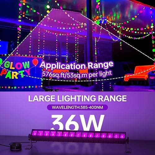 4 Pack LED Black Lights, Blacklight Bars with Plug+Switch+6ft Cord, Light Up 24x24ftx4, IP66 Waterproof Blacklight for Glow Party, Fluorescent Poster, Body Paint, Halloween Decorations, Bedroom, Stage - 4 Count (Pack of 1) thumbnail 2