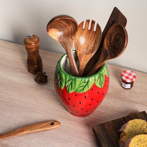 Bicuzat Strawberry Shaped Ceramic Kitchen Utensil Holder, Large Cooking Utensil Crocks for Kitchen Countertop, Ceramic Utensil Organizer for Spatula, Kitchen, Home Decoration-Retro Red thumbnail 6