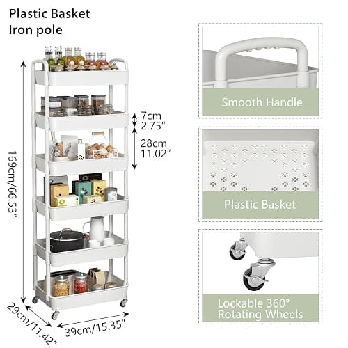 Sywhitta 6-Tier Plastic Rolling Utility Cart with Handle, Multi-Functional Storage Trolley for Office, Living Room, Kitchen, Movable Storage Organizer with Wheels, White thumbnail 3