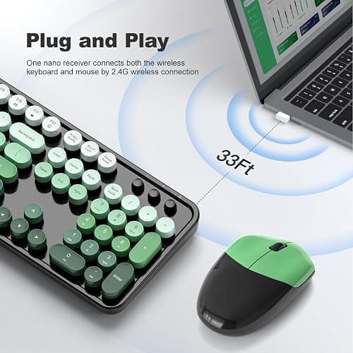 MOFII Wireless Keyboard and Mouse Combo, 2.4GHz Retro Typewriter Keyboard Full Size, Cute Wireless Mice, USB Dongle Plug and Play, for Laptop, PC, Desktop, Windows (Black Green Gradient Color) thumbnail 2