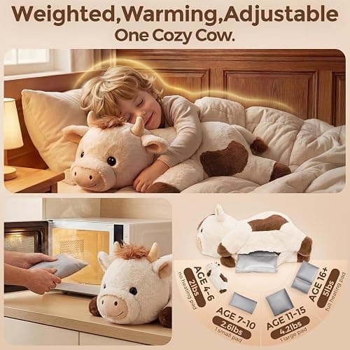 Mewaii Weighted Stuffed Animals with Microwavable Heating Pad - 5lb Adjustable, Heatable & Coolable Cow Plush for Realistic Hug, Removable Inner Pad, Perfect Plush Gift for Kids, Adults (23 Inch) thumbnail 6