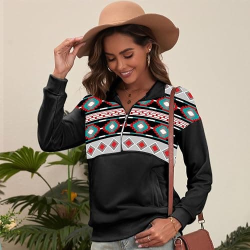 LEMAFER Women's 2024 Casual Aztec Cow Print Zipper Collar Pullover Sweatshirt Western Cowgirl Ethnic Style Hoodies thumbnail 5