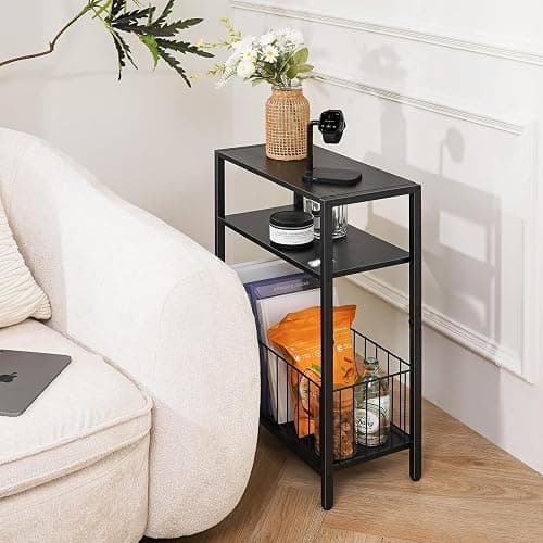Yoobure Narrow Side Table with Storage Basket, Small End Table for Small Spaces, Skinny Side Tables Living Room Bedroom Office, Slim Nightstand 3 Tier Bedside Table Space-Saving for Magazine, Black thumbnail 7