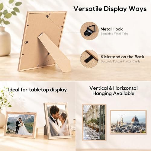 ATOBART 8x10 Solid Oak Wood Picture Frames, 6 Pack | Natural solid oak frames with polished real glass, horizontal & vertical wall mounting and tabletop display for home decor thumbnail 6