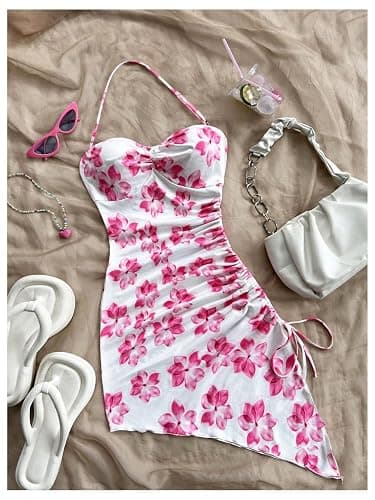 BEAUDRM Girl's Floral Halter Dress Side Drawstring Sleeveless Asymmetrical Fitted Short Dresses thumbnail 2