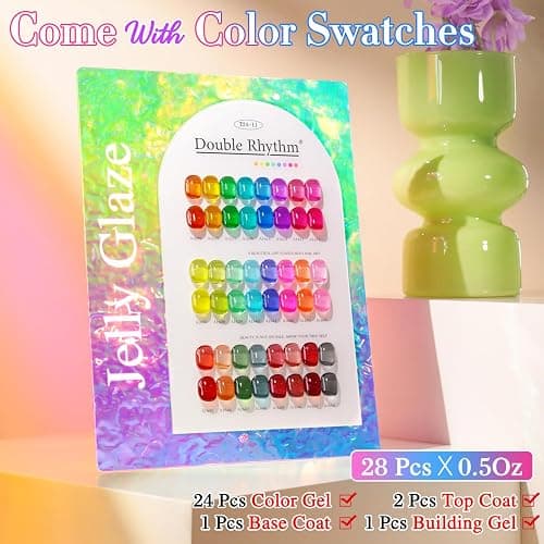 Double Rhythm 28Pcs 0.5Oz Gel Nail Polish Set Same Color Same Bottle Soak Off Gel Polish Kit Nail Art Manicure Salon DIY at Home for Women (Neon Jelly Sheer Collection-T24-11) thumbnail 2