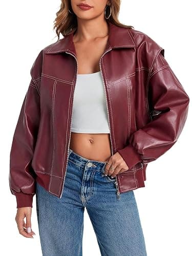 Tankaneo Womens Oversized Leather Bomber Jackets Cap Sleeve Zip Up Motorcycle Coats with Pockets thumbnail 2