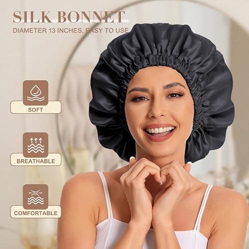 Satin Bonnet Silk Bonnet Hair Bonnet for Sleeping-Slouchy Beanie Hat Satin Sleep Cap for Women's Natural & Curly Hair(Black&Pink) thumbnail 2