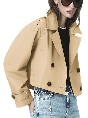ELLEVEN Womens Cropped Trench Coat, Casual Double Breasted Short Jackets Long Sleeve Loose Fit Fall Coats Fashion Outwear thumbnail 2