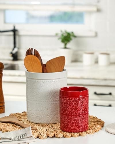 FUN ELEMENTS Kitchen Utensil Holder, 7.2" Super Large Utensil Crock Heavy and Stable Lace Emboss Ceramic Utensil Holder for Kitchen Counter (Bright White) thumbnail 7