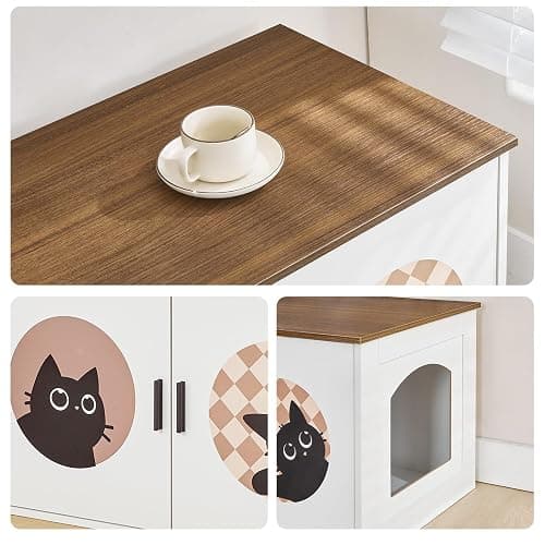 HOOBRO Cat Litter Box Enclosure with Cute Cat Patterns and Arched Entrance, Hidden Litter Box Enclosure Furniture, 31.3"L x 17.7"W x 17.3"H, Litter Box Cabinet, Side Table, White and Walnut WH08MW01 thumbnail 5