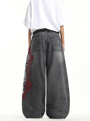 DFGIGT Men's Hip Hop Baggy Jeans Embroidered Wide Leg Skater Jeans Loose Fit Denim Pants Streetwear thumbnail 4
