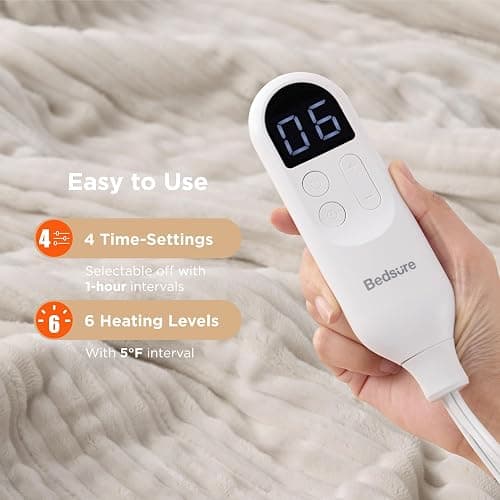 Bedsure GentleSoft Heated Blanket Throw - Soft Ribbed Flannel Electric Blanket, Heating with 4 Time Settings, 6 Heat Settings, and 3 hrs Timer Auto Shut Off, Gifts for Grandma (50x60 inches, Cream) thumbnail 3
