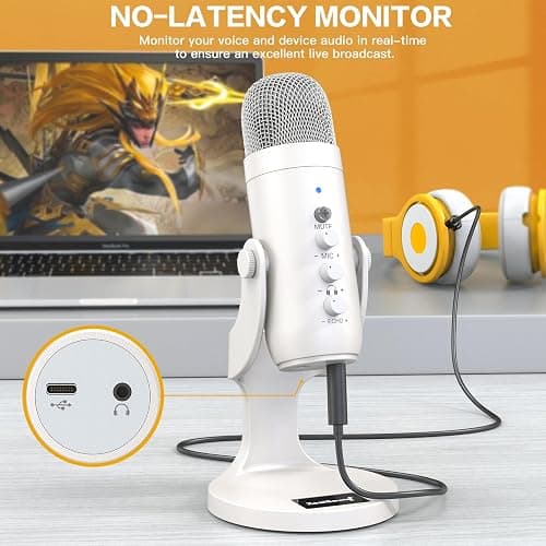 ZealSound USB Microphone,Quick Mute Noise Cancel for Phone Computer PC PS5,Gaming Microphone with Gain Control,Echo Monitor Volume Adjust for Streaming Vocal Recording ASMR Podcast Video K66 White thumbnail 5