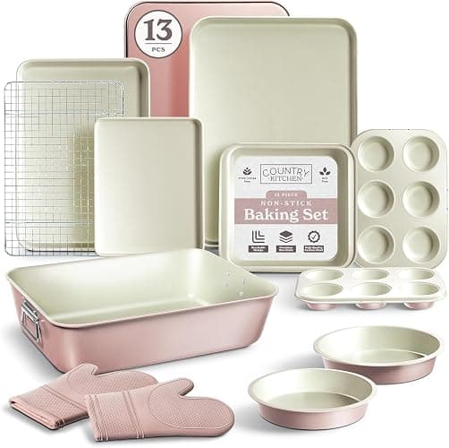 Country Kitchen Nonstick Stackable Bakeware Set - Deluxe Heavy Duty, Durable, Easy Release Baking Set, Pink, 13 Pcs with Handles thumbnail 7