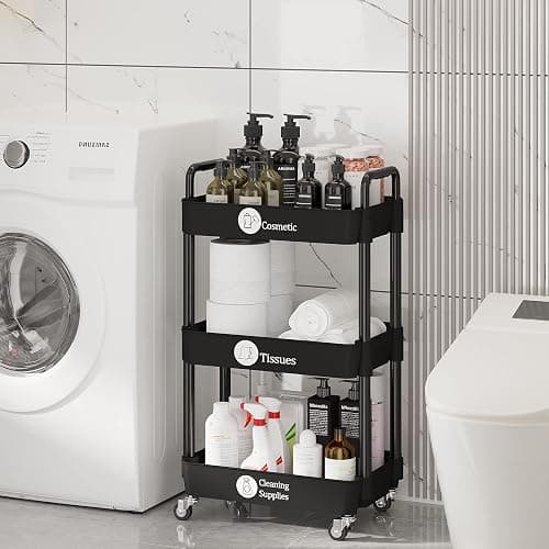 Laiensia 3-Tier Storage Carts,Multifunction Utility Rolling Cart Kitchen Storage Organizer,Mobile Shelving Unit Cart with Lockable Wheels for Bathroom,Laundry,Living Room,With Classified Sticker,Black thumbnail 8