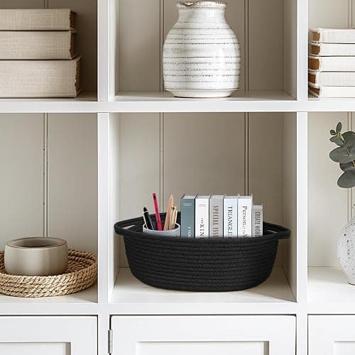 WILLITAT Small Baskets for Gifts Empty, 13"x 9"x 5" Woven Gift Basket with Bag and Ribbon, Cotton Rope Kids Dog Cat Toy Bin Box, Cute Baby Nursery Organizer, Decorative Storage with Handles (Black) thumbnail 5