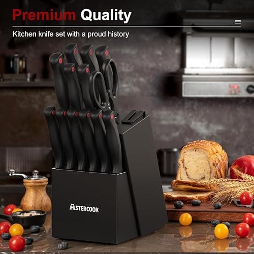 Astercook 15 Piece Knife Set with Sharpener Block - German Stainless Steel, Dishwasher Safe Kitchen Knives with Built-In Sharpener, Black thumbnail 5