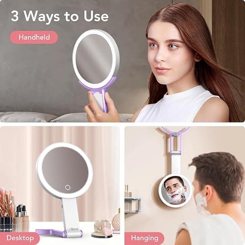 LitBear Travel Makeup Mirror with Light, Rechargeable Double-Sided 10X/1X Magnifying Mirror, Portable Lighted Beauty Mirror, 3 Color Lighting, Dimmable Touch Screen, Tabletop Handhold Hanging (Purple) thumbnail 6