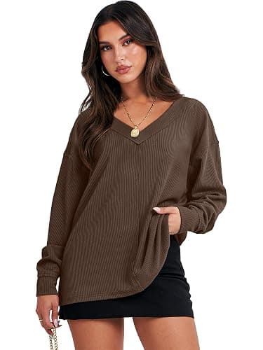 ANRABESS Oversized Long Sleeve Shirts for Women Off the Shoulder Sweatshirt Loose V Neck Tunic Tops High Low Sweater 2025 thumbnail 2