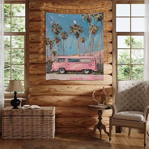 Heltrappe Pink Preppy Caravan Palm Art Aesthetic Tapestry Trendy Boho Coastal Scenery Tapestries Wall Hanging for Living Room Girl Coquette Dorm Decorwhite30x40inch thumbnail 4