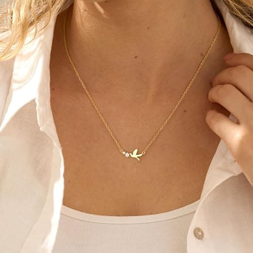 GUOKE 14K Gold Plated Dainty Pendant Butterfly Bead Boot Bee Baseball Flower Compass Airplane Heart Hummingbird Tree Necklace Simple Jewelry Gift for Women thumbnail 3