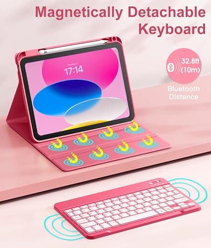 Hamile for iPad 11th 10th Generation Case with Keyboard - 7 Colors Backlit Wireless Detachable Folio Keyboard Cover with Pencil Holder for iPad 11-inch A16 2025 10th Gen 10.9 Inch 2022 (Pink) thumbnail 4